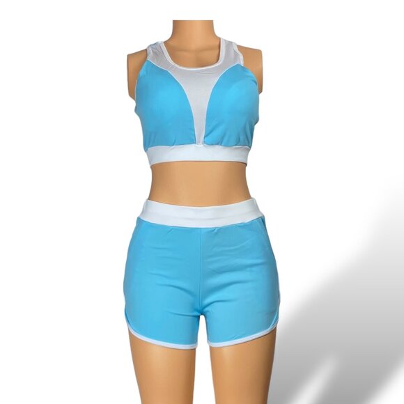 Women Short Sleeve Crop Top & Shorts - Tops with Removable Pads | Light blue - Picture 4 of 5